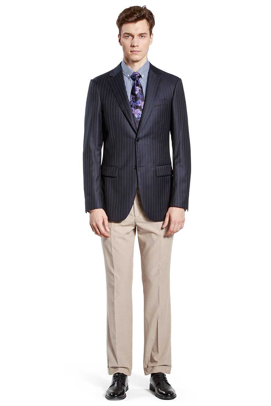 经典宽条纹藏青色单西