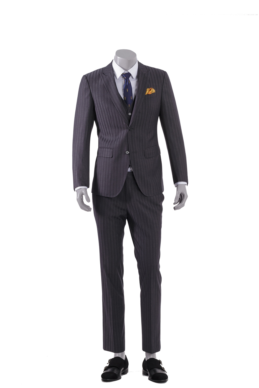 深灰色暗条纹三件套
