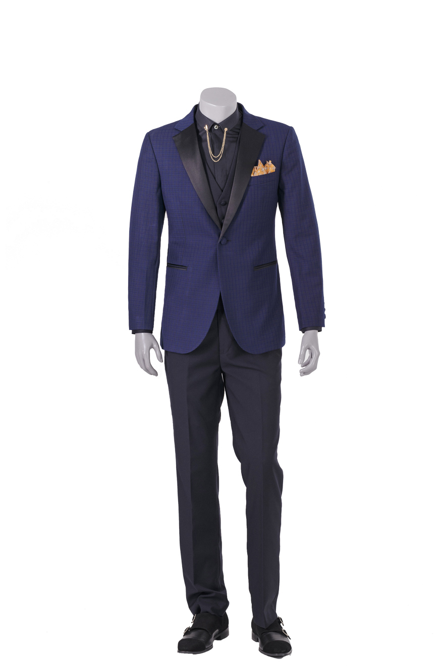 蓝色暗格纹时尚礼服两件套